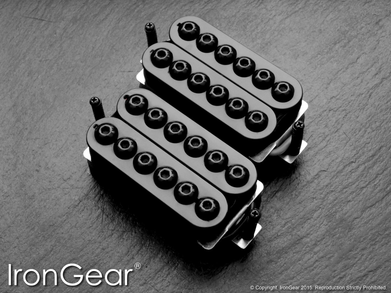 IronGear Hammer Head high-output humbucker pickup pair, black open coils with hex polepieces