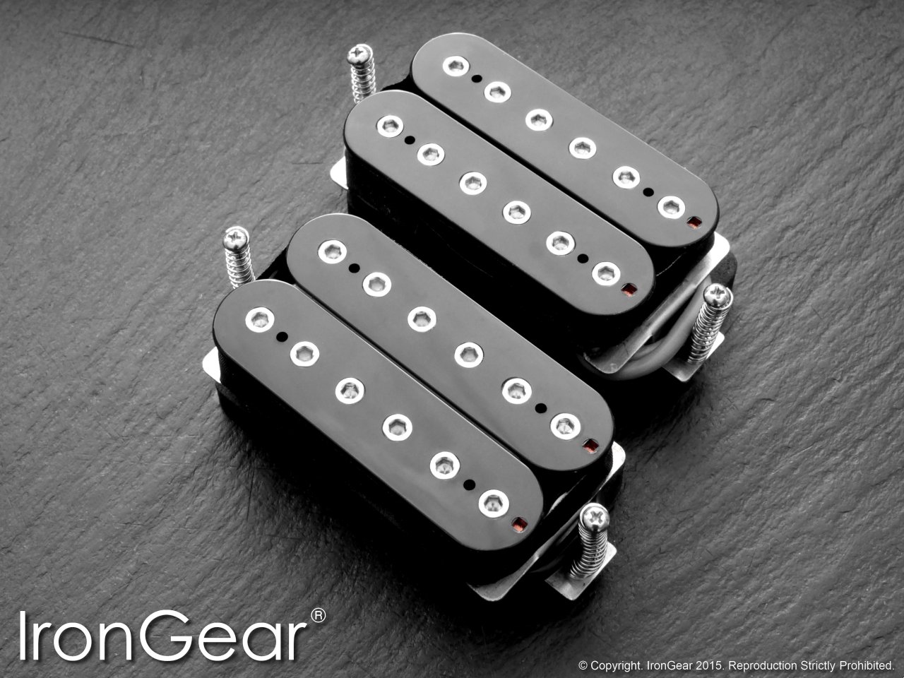 IronGear Metal Machine humbucker pickup pair, black open coils with chrome hex polepieces
