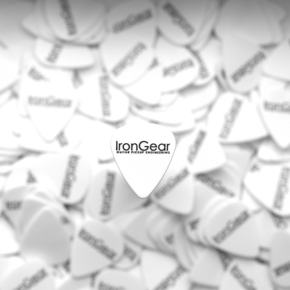 IronGear custom-printed Delrin guitar picks, white with black logo print